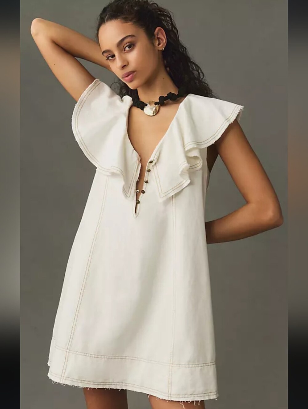 Anthropologie Pilcro White Denim Peasant Ruffle Babydoll Mini Dress Size Medium